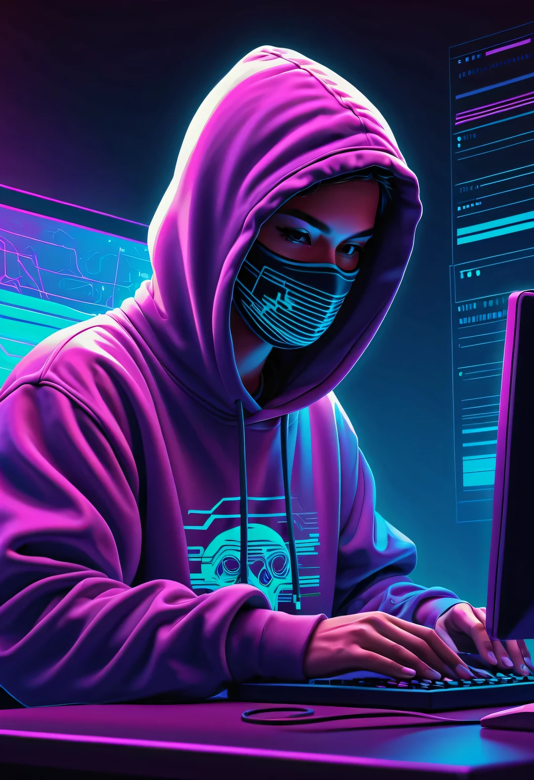 Vector illustration, Minimalism, digital ，vaporwave style, Beautiful detailed illustrations, Hacker wearing hoodie and mask working on computer, T-shirt design, dramatic lighting, Trends on ArtStation, Award-winning, Icons are very detailed