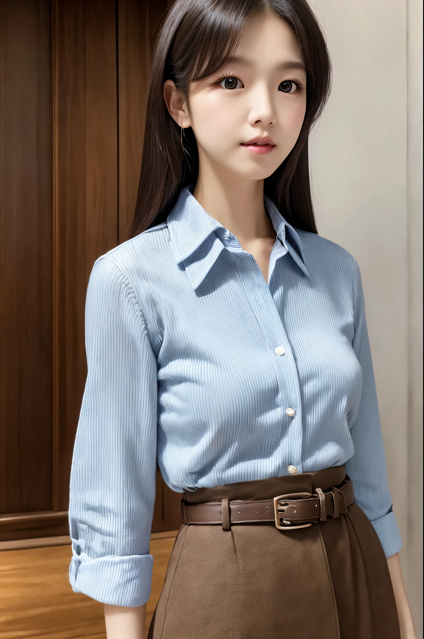 (Best quality, High resolution, Masterpiece :1.3), A Japanese lady, cute face, Slender abs, Dark brown hair styled in loose waves, Small breasts, Very thin waist, Wearing pendant, White button up shirt, Belt, Black skirt, (Modern architecture in background), Details exquisitely rendered in the face and skin texture, Detailed eyes, Double eyelid