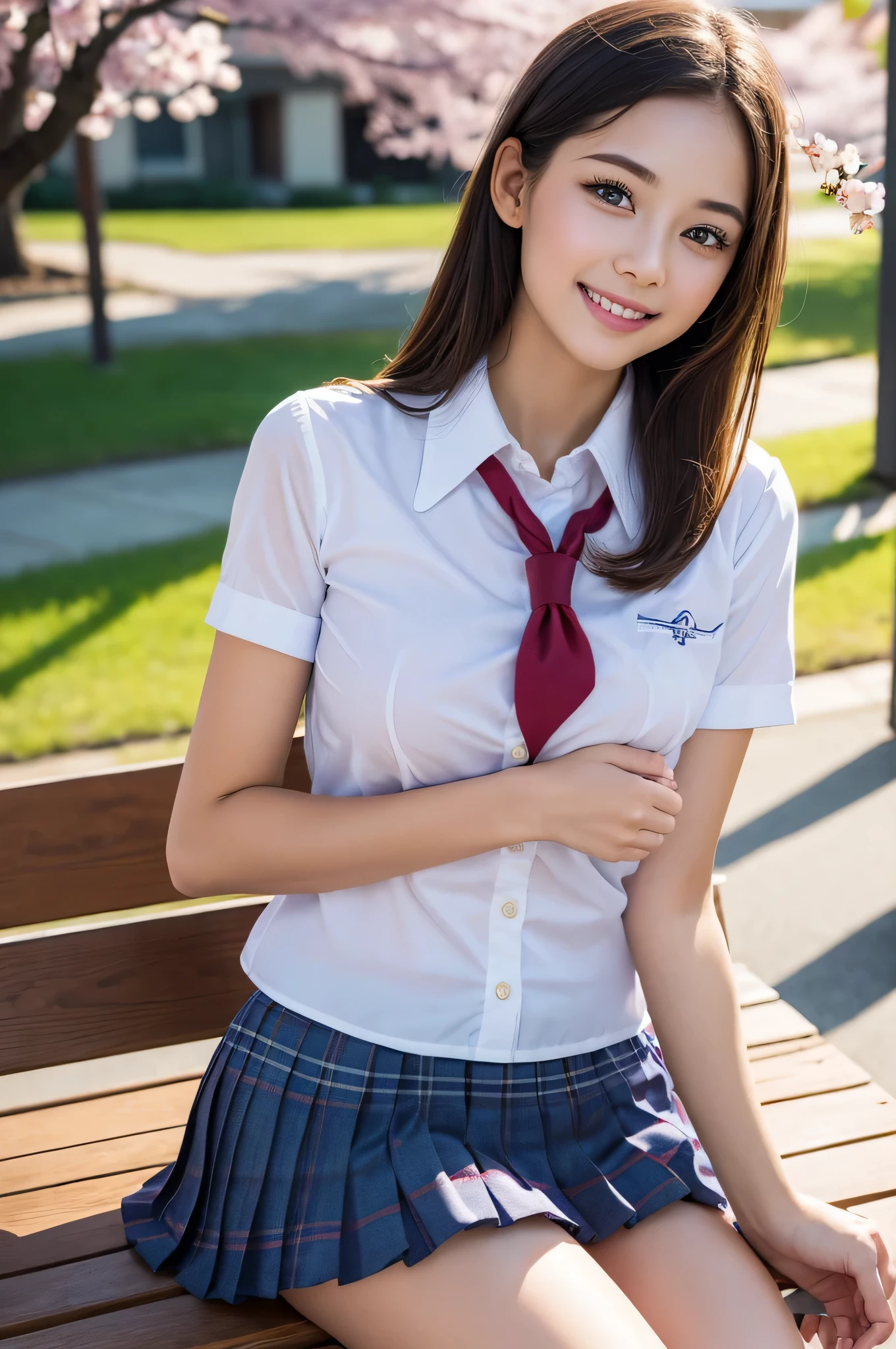 (1 girl), wonderful face and eyes, (big round eyes:1.15), (Highly detailed beautiful face), smile, (school uniform, pleated mini skirt:1.3), (school uniform with open breasts), (highest quality:1.4), (super detailed), (surreal, realistic:1.37), fair skin, Highly detailed CG integrated 8k wallpaper, RAW photo, professional photos, cinematic lighting, sitting, bench, spread your legs wide, (cleft of venus), (Cherry blossom wallpaper), 