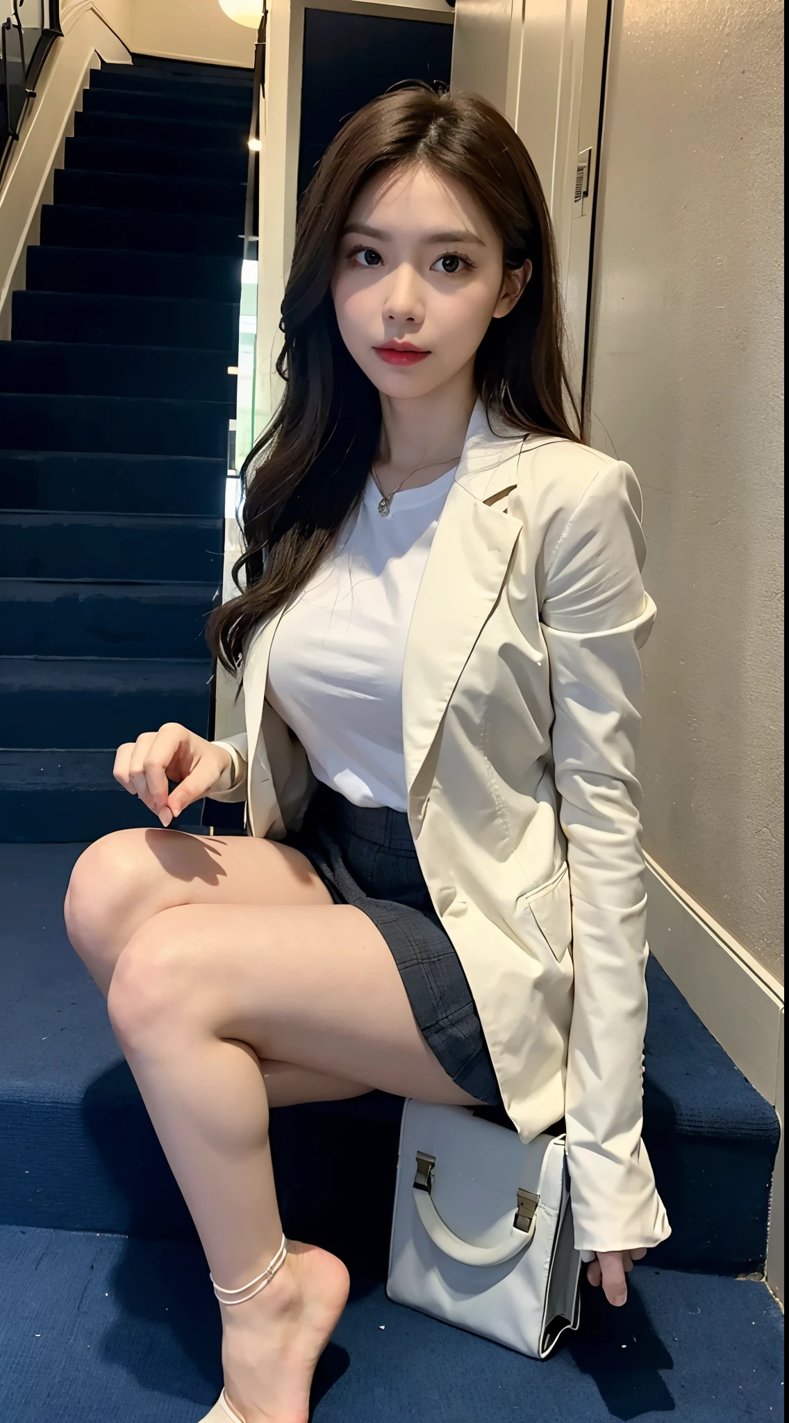 ulzzang-6500-v1.1, (RAW photo:1.2), (realistic), beautiful detailed girl, (genuine: 1.4), 1 female, A woman in a skirt and jacket is climbing stairs, business woman, Wearing pantyhose、walk to work with a briefcase, 厳格なbusiness suitを着ている, walk to work, business wear, business suitを着て, business suitを着ている, business suitを着ている, Business service, woman wearing office dress, girl in a suit, business suit, business attire, huge file size, High resolution, very detailed, highest quality, [masterpiece:1.6], enlightenment, very detailed, finely, highest quality, 8k wallpaper, movie lighting, 1 girl, 26 years old, perfect body shape, cute droopy eyes、beautiful big eyes、highest quality, 1 girl, eye shadow, ((full body shot:1.3))、