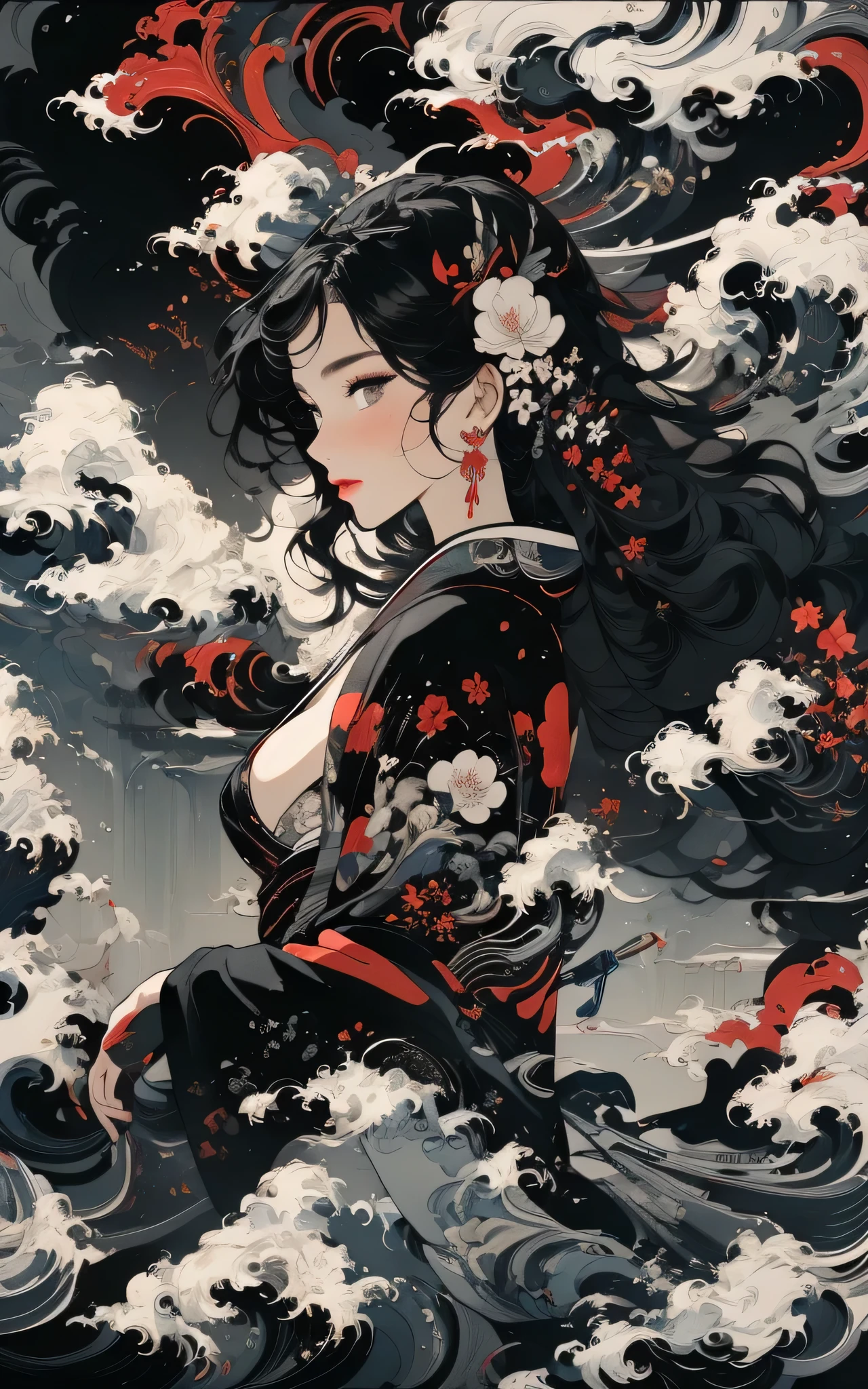 (masterpiece:1.2), best quality,fantasy,scenery, ((sword)),official art, unity 8k wallpaper, ultra detailed, beautiful and aesthetic, masterpiece, best quality, (zentangle, mandala, tangle, entangle), (fractal art:1.3) , 1girl, extremely detailed, dynamic angle, cowboyshot, the most beautiful form of chaos, elegant, a brutalist designed, vivid colours, romanticism, by james jean, roby dwi antono, ross tran, francis bacon, michal mraz, adrian ghenie, petra cortright, gerhard richter, takato yamamoto, ashley wood, red and black kimono, cleavage, falling red petals