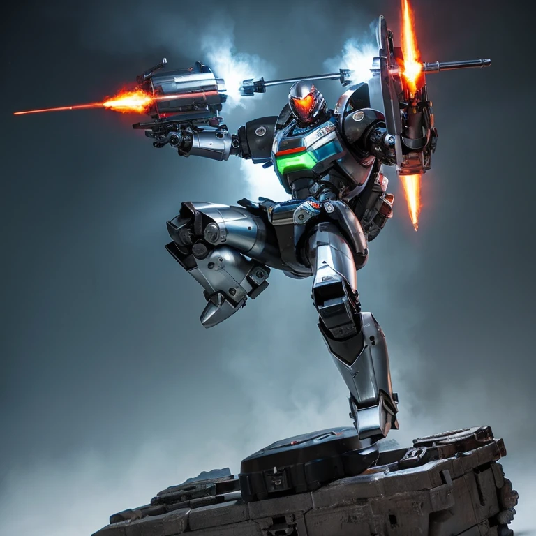 Mechanical,robot,weapons,sturdy,Combat use,The color is silver,A round crystal ball is embedded in the chest..,Chest is weak point,gun in arm,leg thrusters,your face is a monitor,jetpacks,Multi-legged tank,