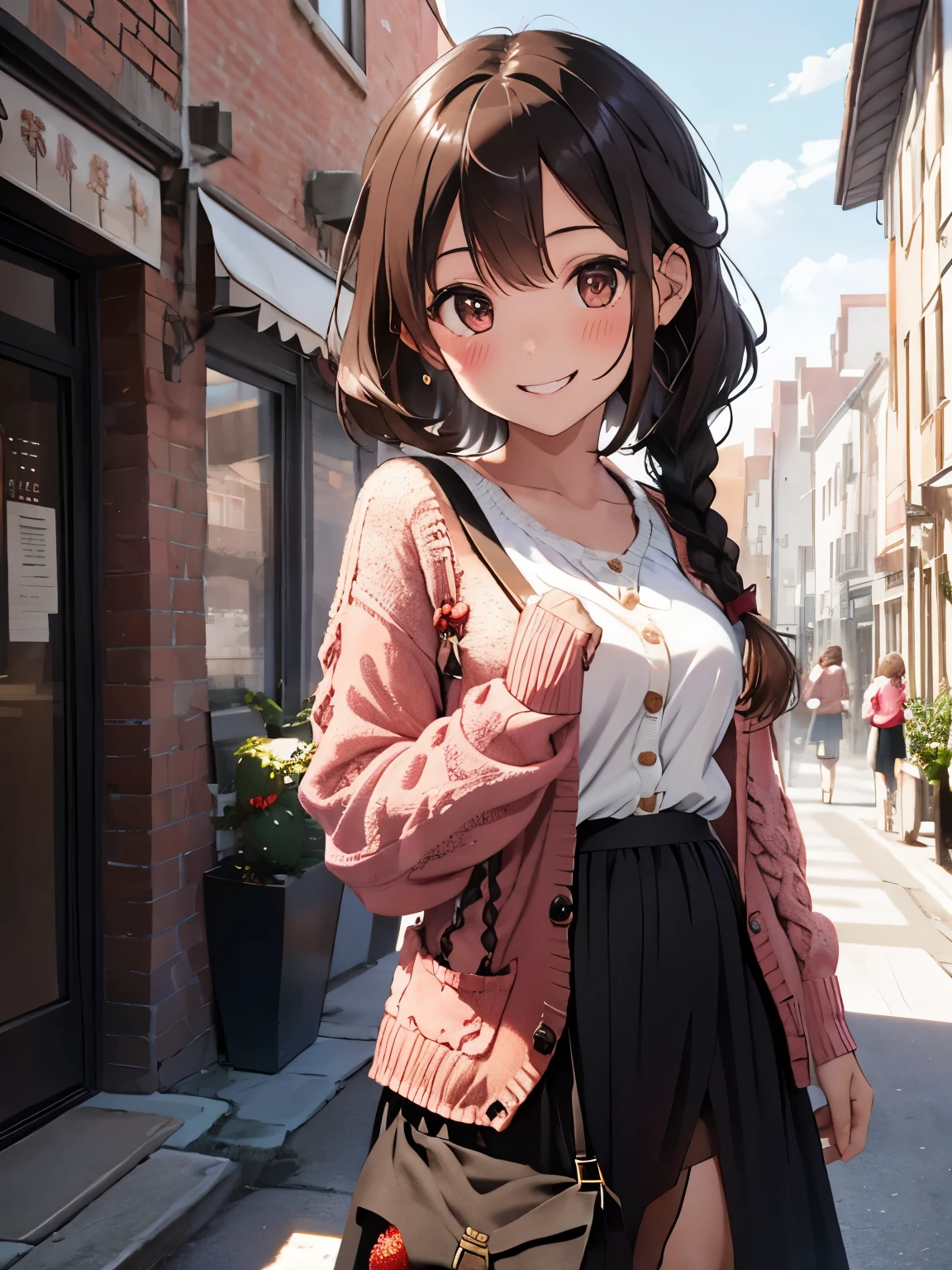 character//1 girl,(light brown hair:1.3),(brown eyes),(With bangs),((Braided shorthair)),(eye size:1.5),BREAK//((strawberry color knit cardigan:1.3)),BREAK//((white floral sweatshirt)),BREAK//((Black sheer long skirt:1.2)),BREAK//((wine red color mini bag)),(slight blush),(Staring at me with a cute smile:1.3),((Dating atmosphere)),BREAK//(A city with a traditional landscape that looks like a European cityscape)),(During sightseeing:1.4),((close up of face)),