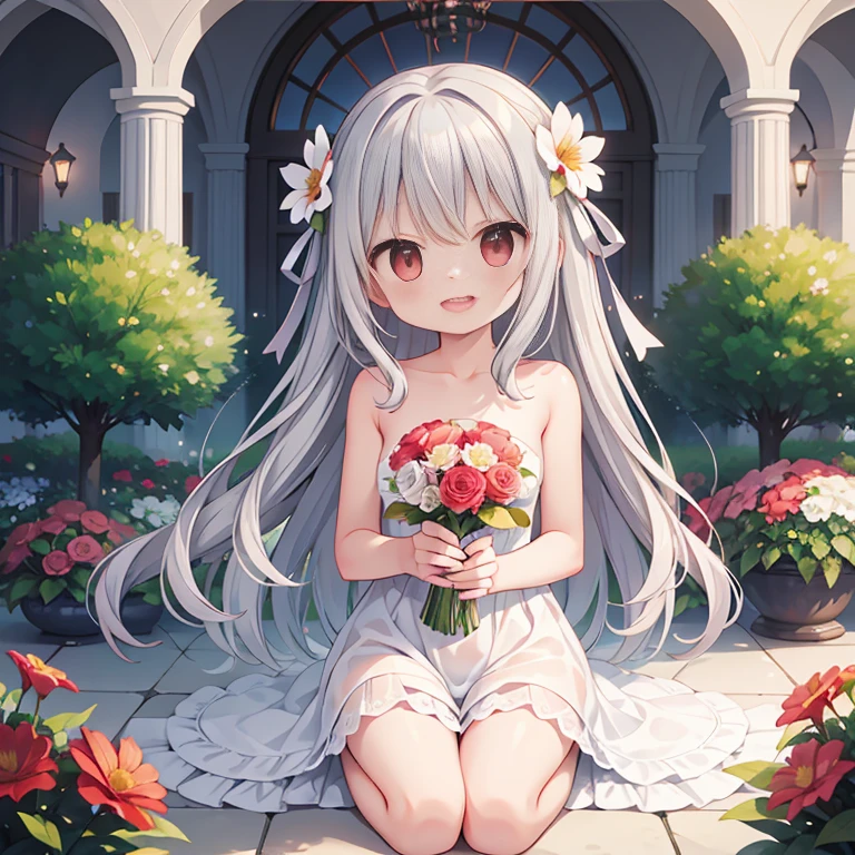 wavy silver hair、red eyes、beautiful girl alone、solo、and soul、I have a bouquet、flower garden、laughter,Completely naked,nsfw