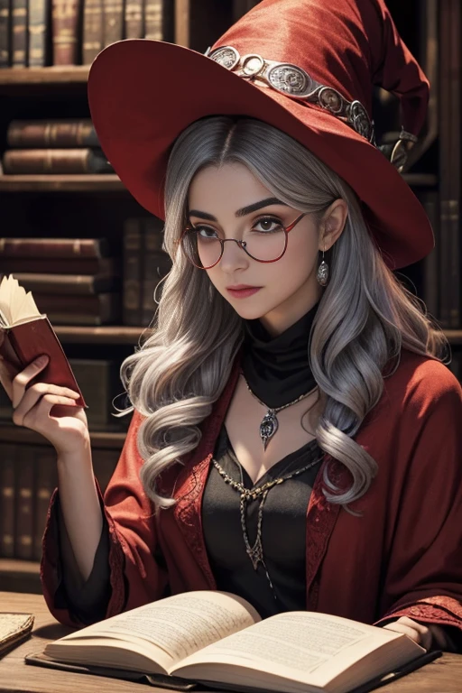 Woman in red hat and glasses holding a book,silver hair,she wears Harry Potter glasses, Maya Ali as D&D sorceress, holding spell book, dressed as witch, D&D magician, wearing a red wizard hat.
