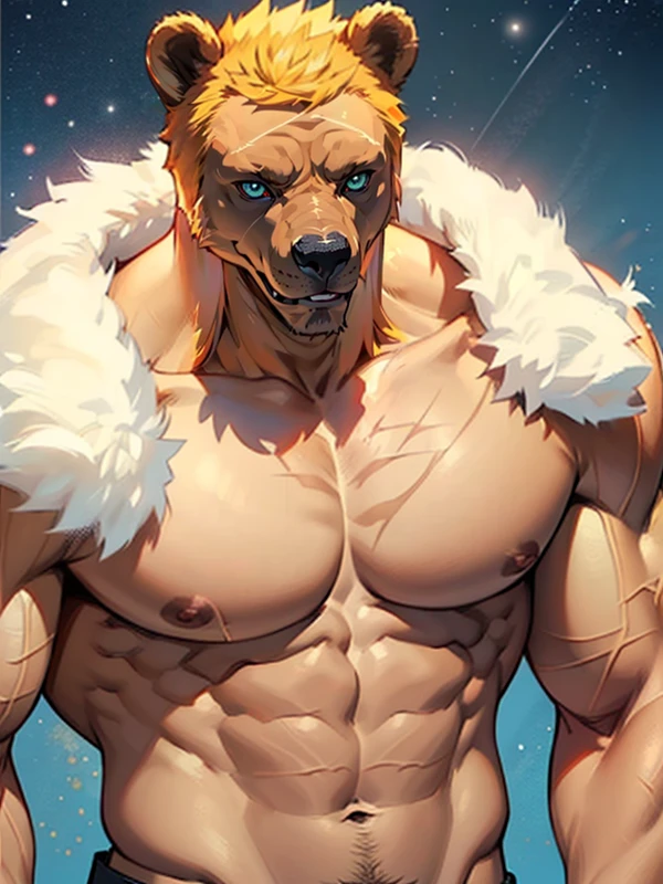 (((highest quality,Fist of the North Star,Half-naked men))),((bear doll head,bear mascot head)),alone,upper body naked,muscle strength々,muscular man,Mukimuki Macho,Wear a bodice for the lower body