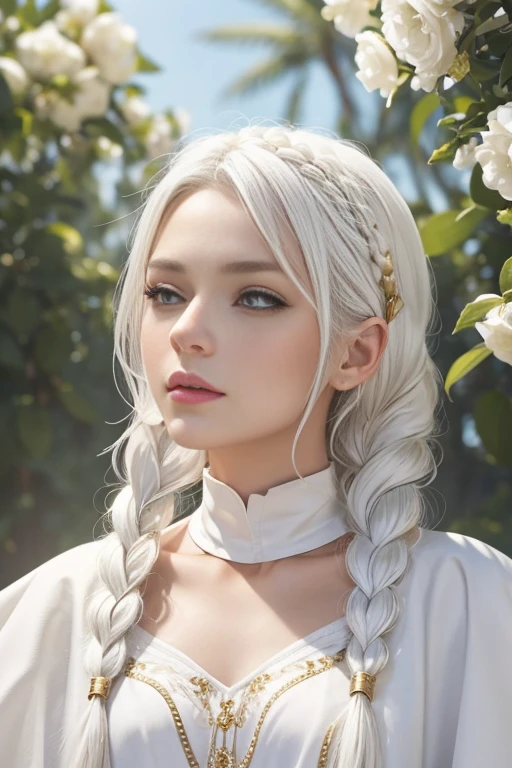 best quality, masterpiece, 1 woman, mature, large breast, white hair, gold eyes,white clothes, looking up, upper body,hair strand,Fair skin,side braids