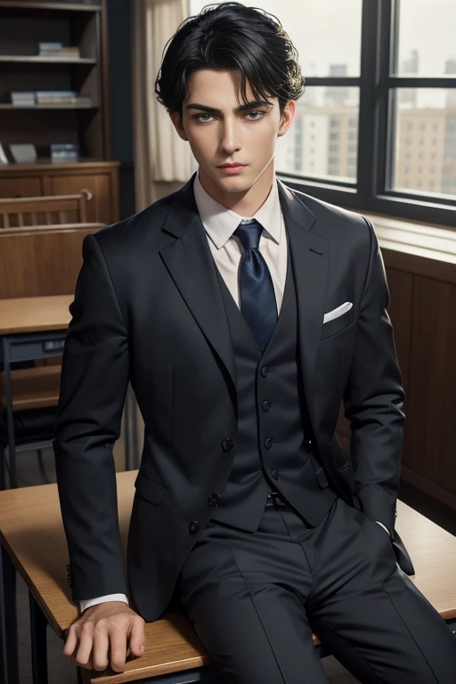 Masterpiece, high quality, best quality, beautiful, HD, realistic, perfect lighting, detailed face, detailed body, 1 man, black hair, blue eyes, masculinity, suit school uniform, (dull expression: 1.5) (face natural: 1.5), sitting in the classroom