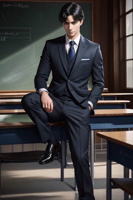 Masterpiece, high quality, best quality, beautiful, HD, realistic, perfect lighting, detailed face, detailed body, 1 man, black hair, blue eyes, masculinity, suit school uniform, (dull expression: 1.5) (face natural: 1.5), sitting in the classroom