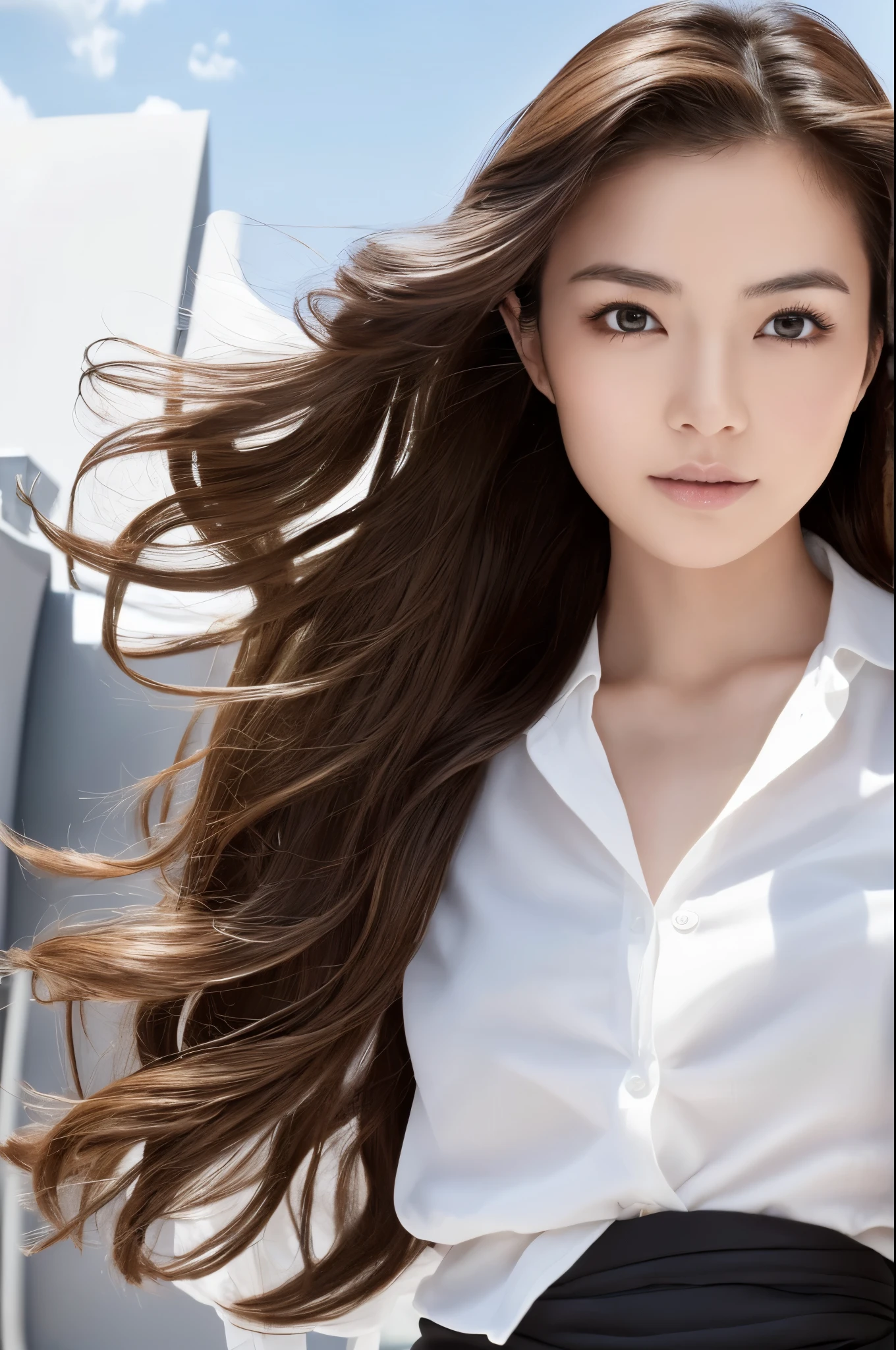 (Best quality, High resolution, Masterpiece :1.3), A Japanese lady, cute face, Slender abs, Dark brown hair styled in loose waves, Small breasts, Very thin waist, Wearing pendant, White button up shirt, Belt, Black skirt, (Modern architecture in background), Details exquisitely rendered in the face and skin texture, Detailed eyes, Double eyelid