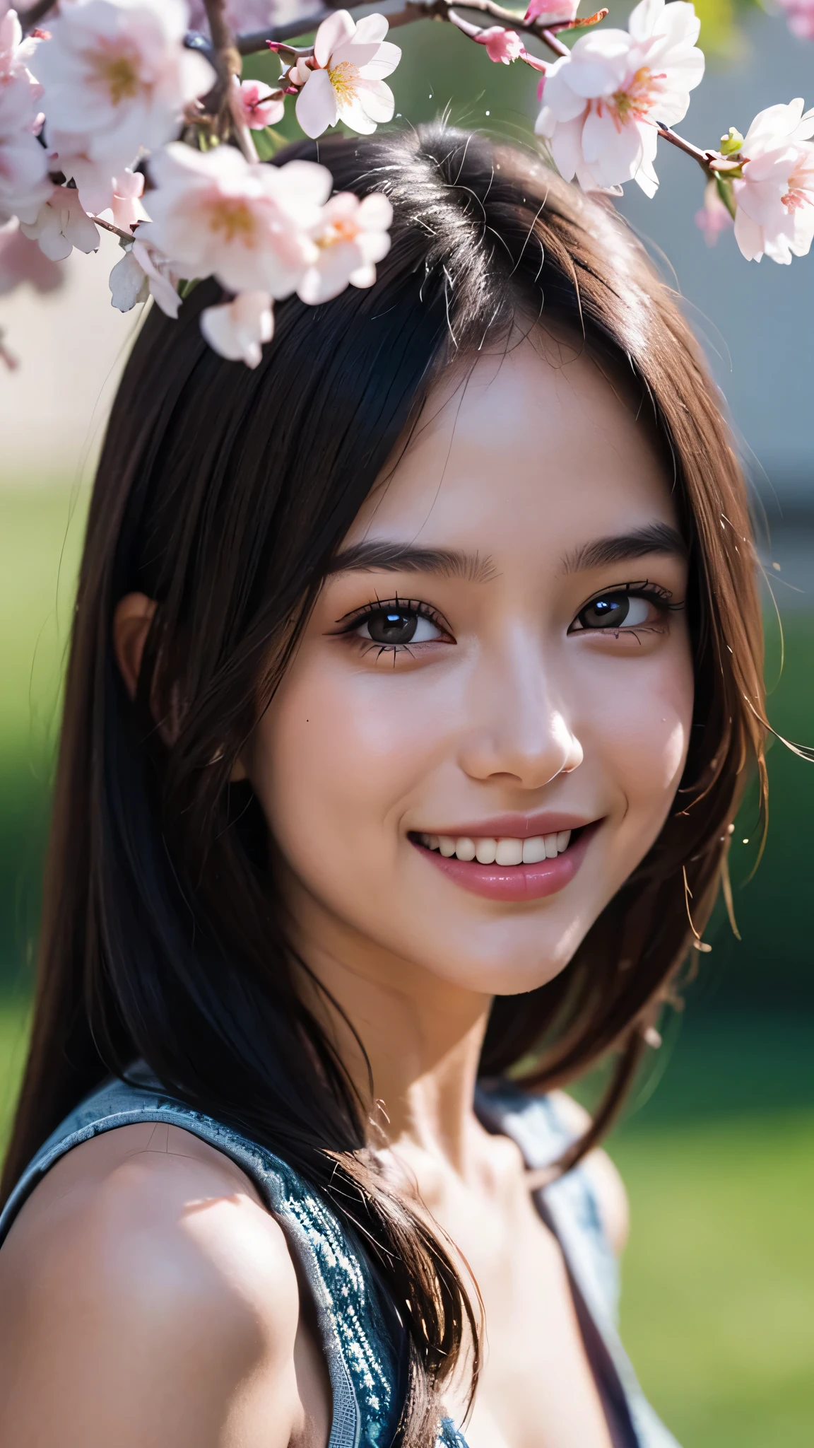 (1young girl), cute face, kawaii, Brown hair, instagram beautiful girl photos, great smiles, (Best Quality:1.3), (Ultra-detailed), (extremely detailed CG unified 8k wallpaper), Highly detailed, High-definition raw color photos, Professional Photography, cherry blossom, colorful pictures, colorful photos, depth of fields, 
