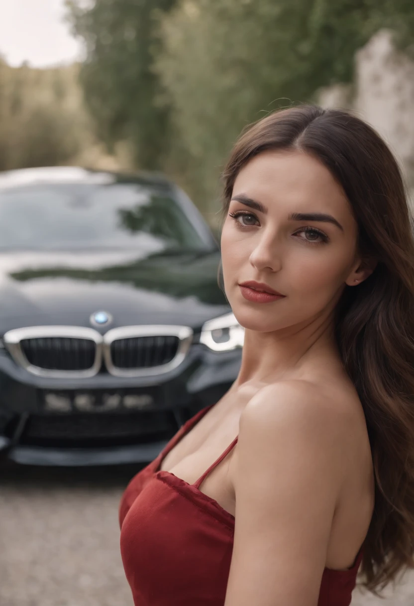 Beautiful 30 year spanish girl with bmw doing modeling ultra realistic photoshoot potrait 