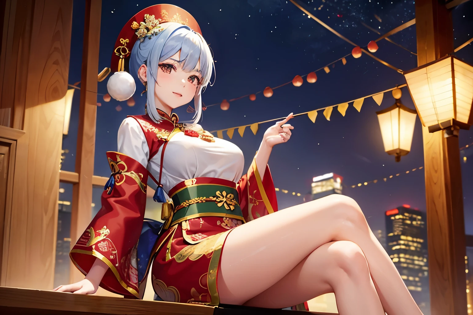 New Year’s festive and lively atmosphere，Sister Yu is wearing festive clothes，It has classical patterns on it，antiquity。Scene setting。A character is sitting and waiting.。Gentle face and perfect facial proportions，perfect body proportions，Highlight your figure。Scene setting红灯笼万家灯火