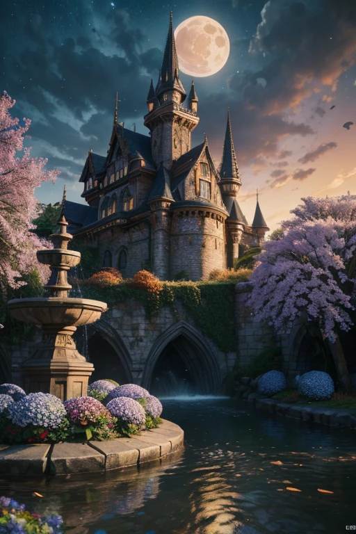masterpiece, best quality, high quality, extremely detailed CG 8k wallpaper unit, scenery, outdoor, establishment, medieval tavern, autumn sky, autumn dusk, autumn-winter, overcast sky, big moon shining, award-winning photography, Depth of Field, HDR, flowers, water fountain, hydrangea, Photorealistic, extremely detailed, intricate, high detail, dramatic, art in the middle of the journey, trend in artstation, trend in CGsociety, chromatic aberration.