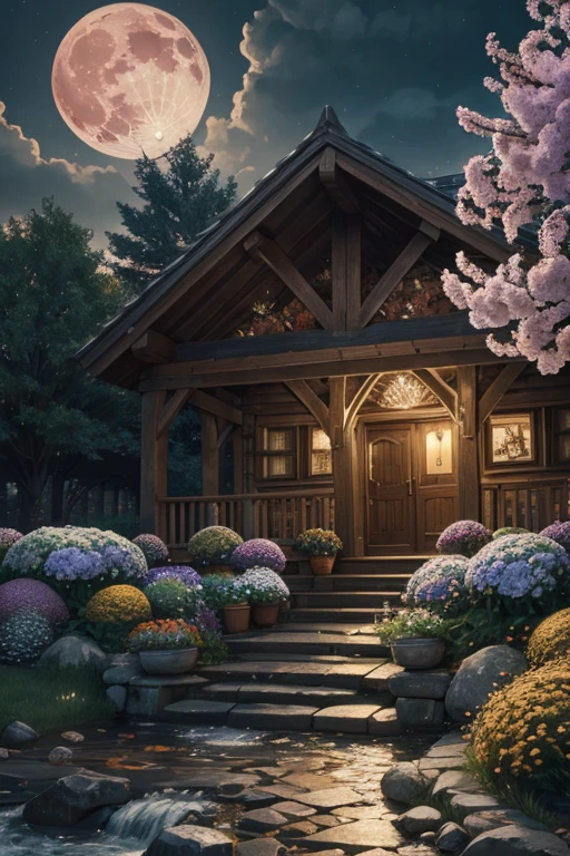 masterpiece, best quality, high quality, extremely detailed CG 8k wallpaper unit, scenery, outdoor, establishment, medieval tavern, autumn sky, autumn dusk, autumn-winter, overcast sky, big moon shining, award-winning photography, Depth of Field, HDR, flowers, water fountain, hydrangea, Photorealistic, extremely detailed, intricate, high detail, dramatic, art in the middle of the journey, trend in artstation, trend in CGsociety, chromatic aberration.