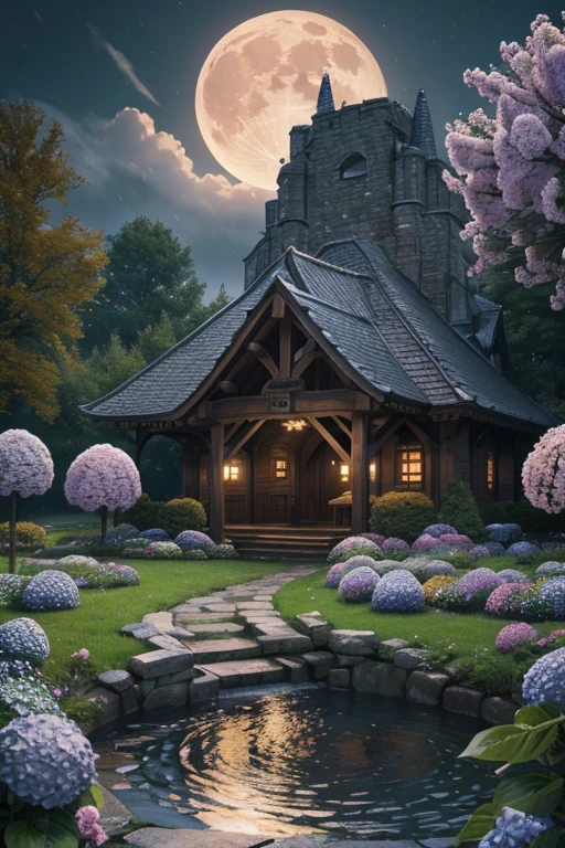 masterpiece, best quality, high quality, extremely detailed CG 8k wallpaper unit, scenery, outdoor, establishment, medieval tavern, autumn sky, autumn dusk, autumn-winter, overcast sky, big moon shining, award-winning photography, Depth of Field, HDR, flowers, water fountain, hydrangea, Photorealistic, extremely detailed, intricate, high detail, dramatic, art in the middle of the journey, trend in artstation, trend in CGsociety, chromatic aberration.