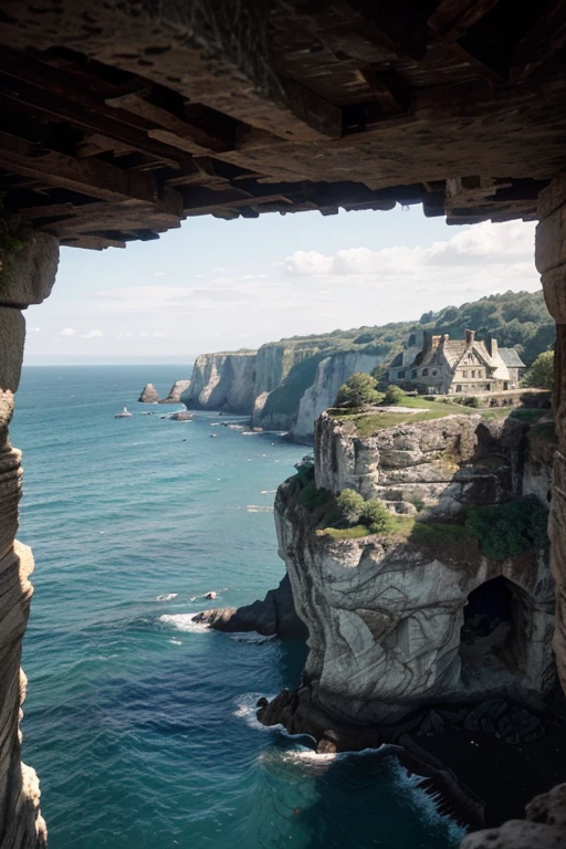 arafed view of a rocky cliff with a body of water, sheer cliffs surround the scene, detailed trees coming from the cliffs, cliffside, realistic fantasy render, detailed scenery, cliff side, game map Dark Messiah, isle, greek fantasy panorama, ubisoft games, dark messiah of might and magic inspired, might & magic game, there is some wooden houses built in the cliffside, primitive wooden cabins on the cliffside, cliff wall medieval wooden houses, sunny day