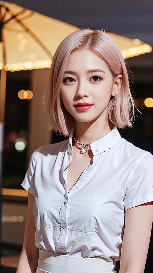 (8k, the best quality, masterpiece: 1.2), (reality, photorealistic: 1.37), super detailed, girl 1 person, 26 years old, solo, medium chest, Beautifully detailed sky, Detailed café, Night, (pink blood), (smile: 1.15), (mouth steaming), small, (shirt with collar: 1.1), Night, wet, business clothes, Rain, white lace, (short hair: 1.2), NovaFrogStyle floating hair, random sexy poses,