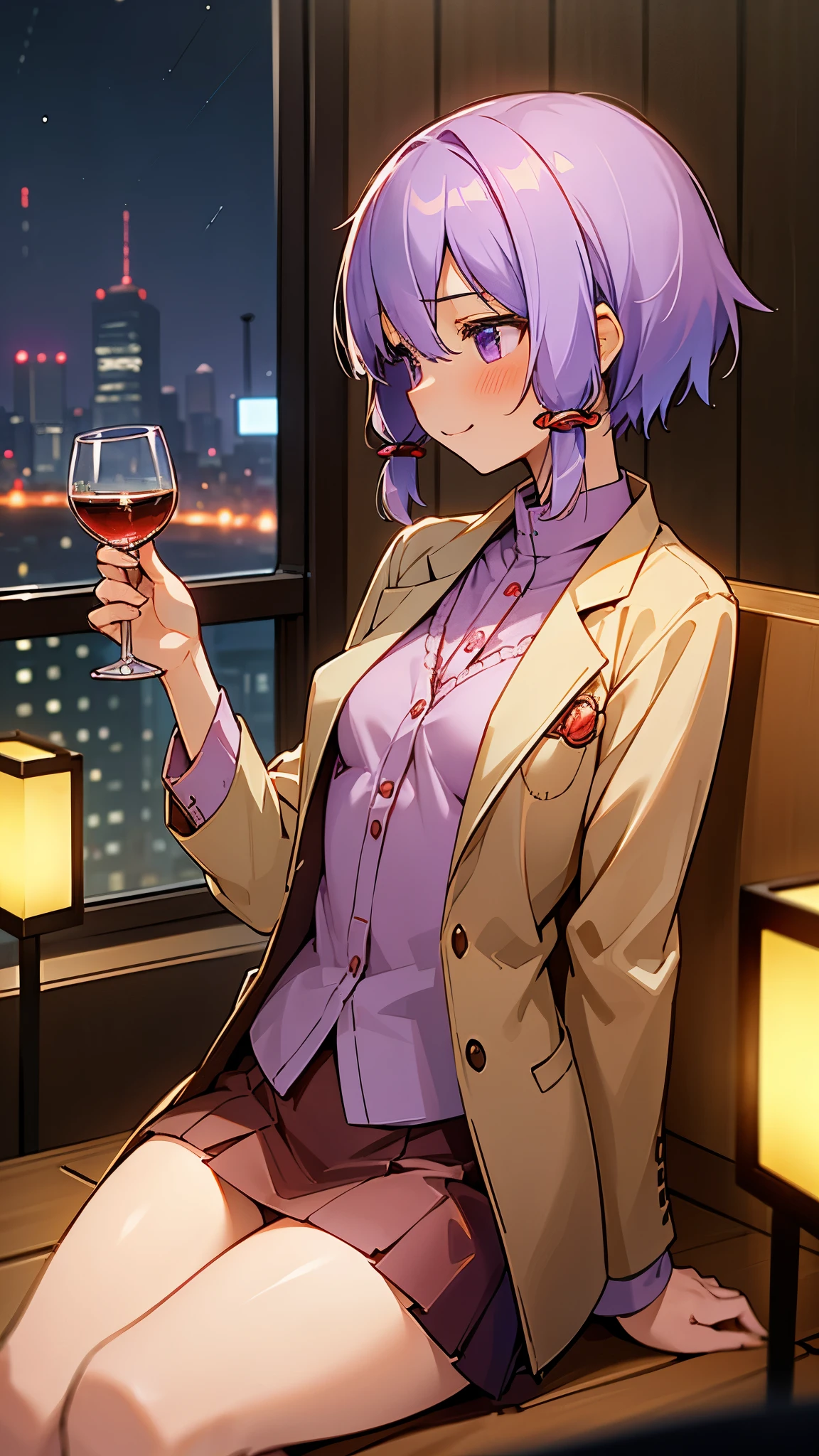 (highest quality、Extra fine、genuine)、Genki girl、solo、Yuitsuki Yukari、18-year-old、small breasts、Slender body type、profile、smile、blush、Light purple hair、short hair、(hair between eyes) 、（white sweater with embroidery、brown leather blazer、red skirt）、(sitting with a glass)、((indoor、night、izakaya) ))、(sharp focus) :1.2)、Professional Writing、photon mapping、radio city、physically based rendering