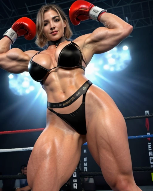 Beautiful brunette flexing biceps, wearing black lingerie, red boxing gloves, Very detailed, 38 years, innocent face, natural wavy hair, blue eyes, perfect fit body, defined abs, big , ample cleavage. High resolution, Masterpiece, Best quality, Intricate details, highly detailed, sharp focus, detailed skin, realistic skin texture, texture, detailled eyes, professionnel, 4K, charming smile, filmed in Canon, 85 mm, shallow depth of field, Kodak Vision color, Extremely detailed, photograph_\(ultra\), photoreallistic, Realistic, Post treatment, Maximum details, roughness, real life, ultra realist, photorealism, photograph, 8K UHD, photograph