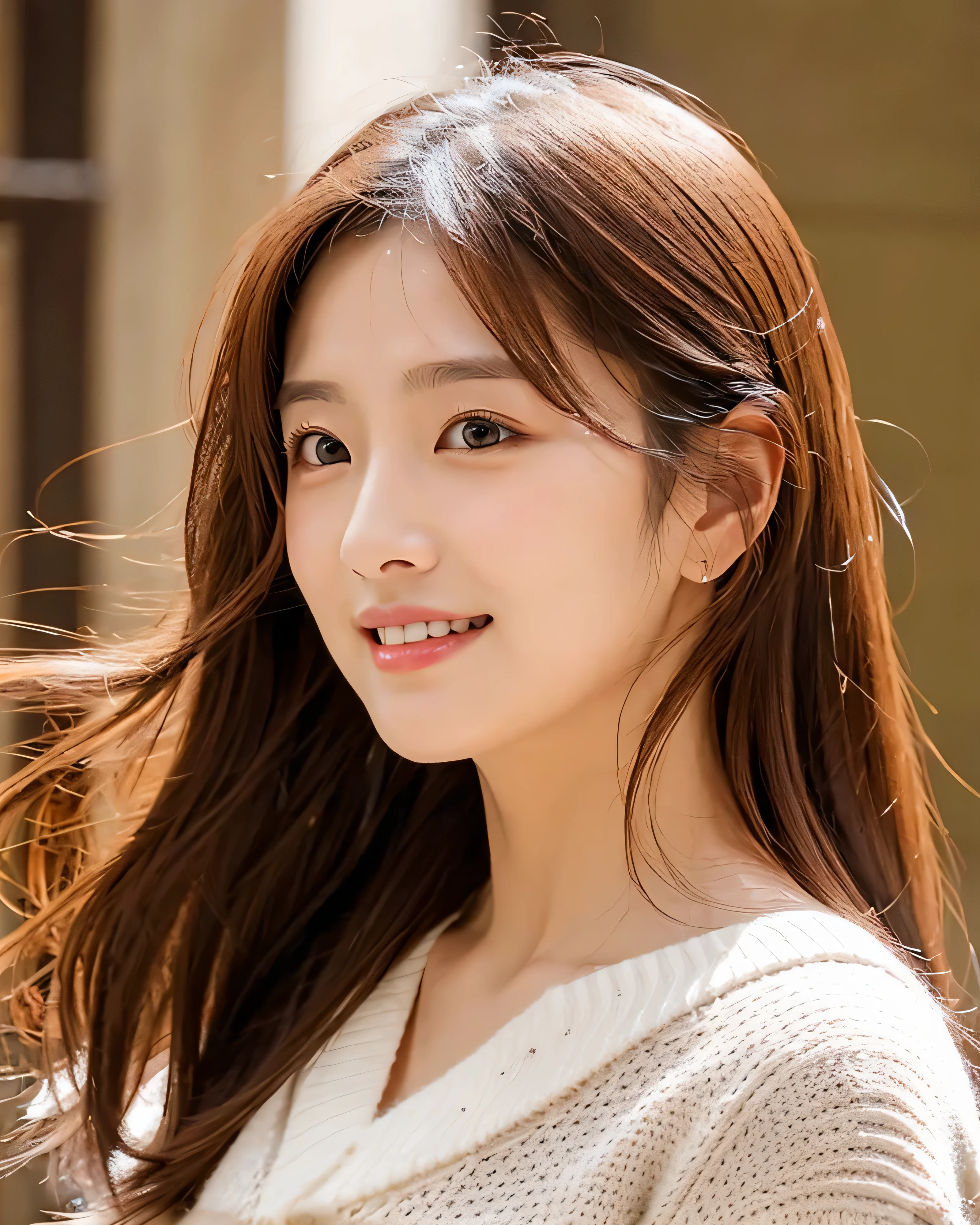 beautiful japanese girl profile complex colored brown hair Long straight hair natural makeup Eyes downcast gentle smile smooth soft skin detailed beautiful eyes attractive lips