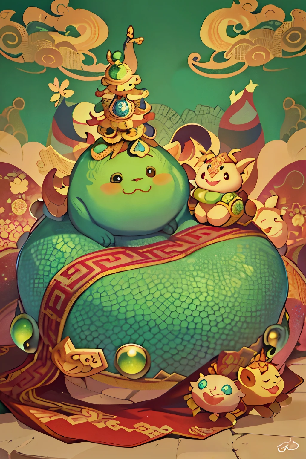 Cute Asian dragon, intricately detailed, HD image,
Dragon with eastern features, adorable expression,
Miniature dragon, big round eyes, blushing cheeks,
Plump and chubby body, covered in vibrant scales,
Sitting on a pile of colorful stones, looking playful at viewer.