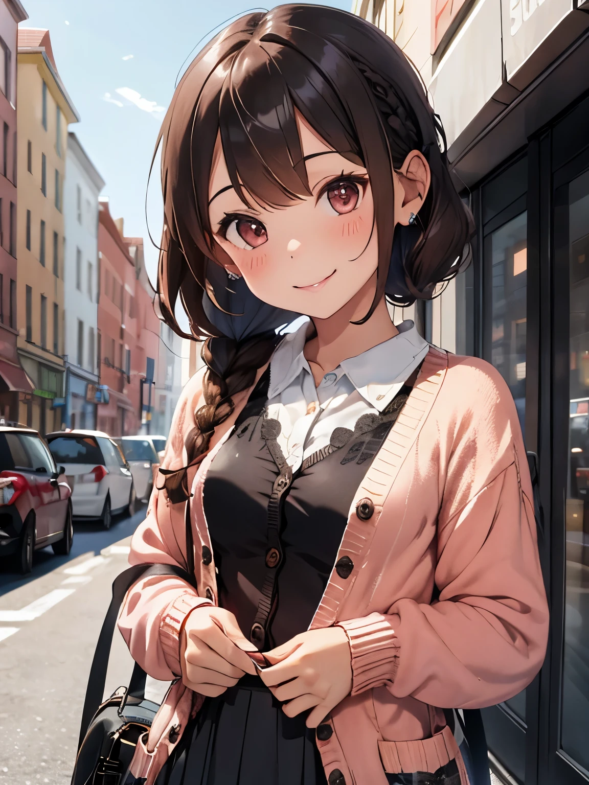 character//1 girl,(slightly brown hair:1.3),(brown eyes),(With bangs),((Braided shorthair)),(eye size:1.5),BREAK//((pastel knit cardigan:1.3)),BREAK//((white dress with frills)),BREAK//((Black belt:1.2)),BREAK//((hands in the shape of a heart)),(slight blush),(Staring at me with a cute smile:1.3),BREAK//((lots of chocolate)),((Cute POP and casual background)),((colorful and happy atmosphere)),((close up of face)),