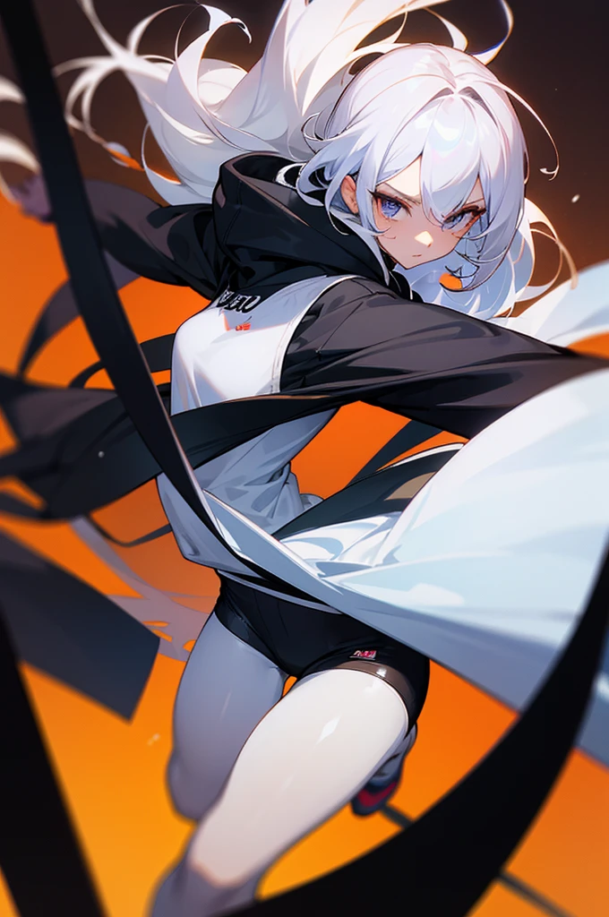 anime style woman with big white hair wearing black cloth eye bands with beautiful body wearing pantyhose shorts and a hoodie