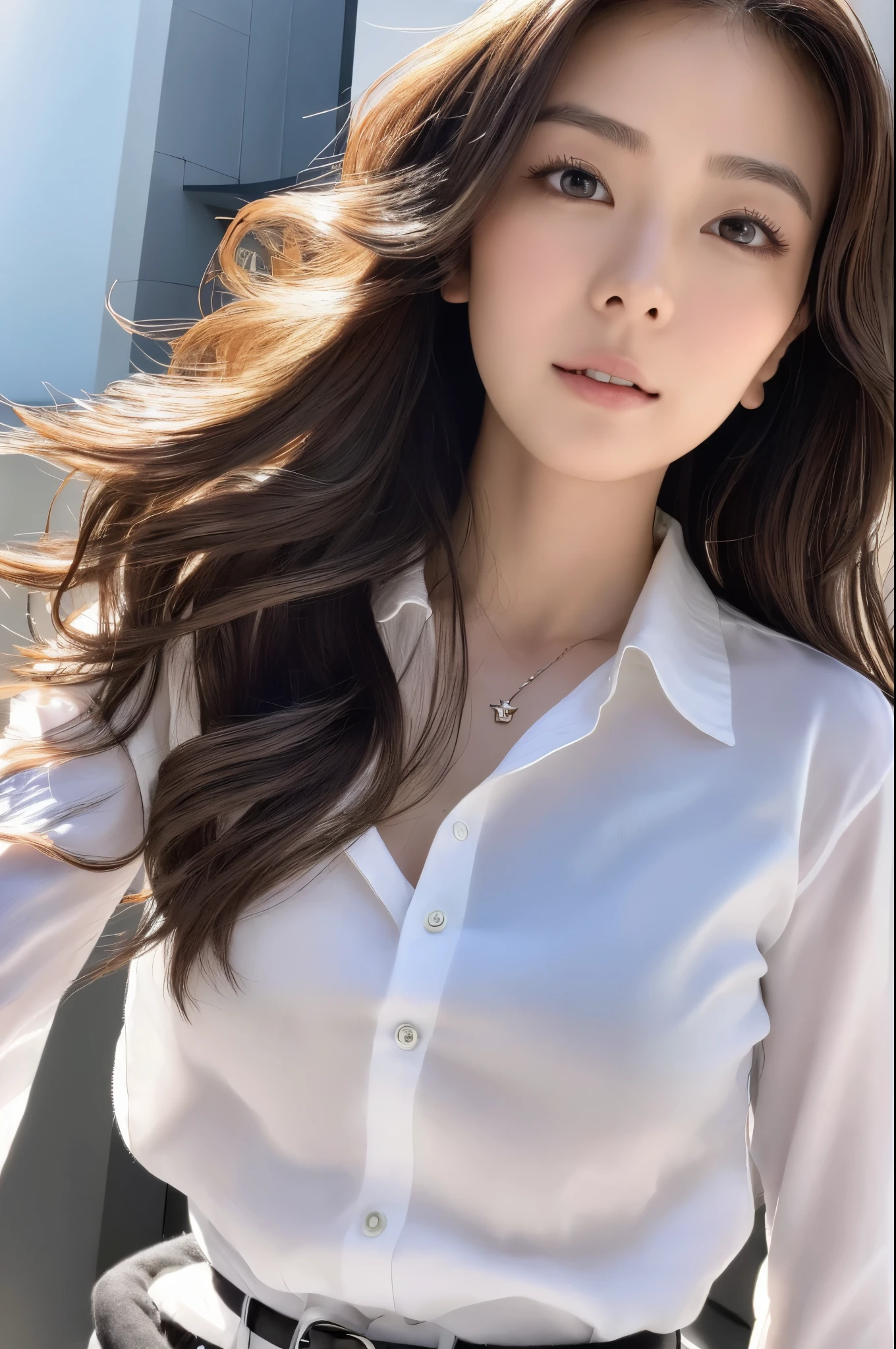 (Best quality, High resolution, Masterpiece :1.3), A Japanese lady, cute face, Slender abs, Dark brown hair styled in loose waves, Small breasts, Very thin waist, Wearing pendant, White button up shirt, Belt, Black skirt, (Modern architecture in background), Details exquisitely rendered in the face and skin texture, Detailed eyes, Double eyelid