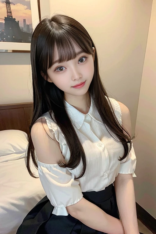 highest quality、masterpiece、slender woman、woman with small breasts、shoulder length hair、bangs、highly detailed face、very beautiful face、detailed eyes、double eyelid、very cute face、Japanese、beautiful girl、collared shirt、pleated skirt、baby face、１８age、bedroom、night、smile、Looks like fun、Face without makeup