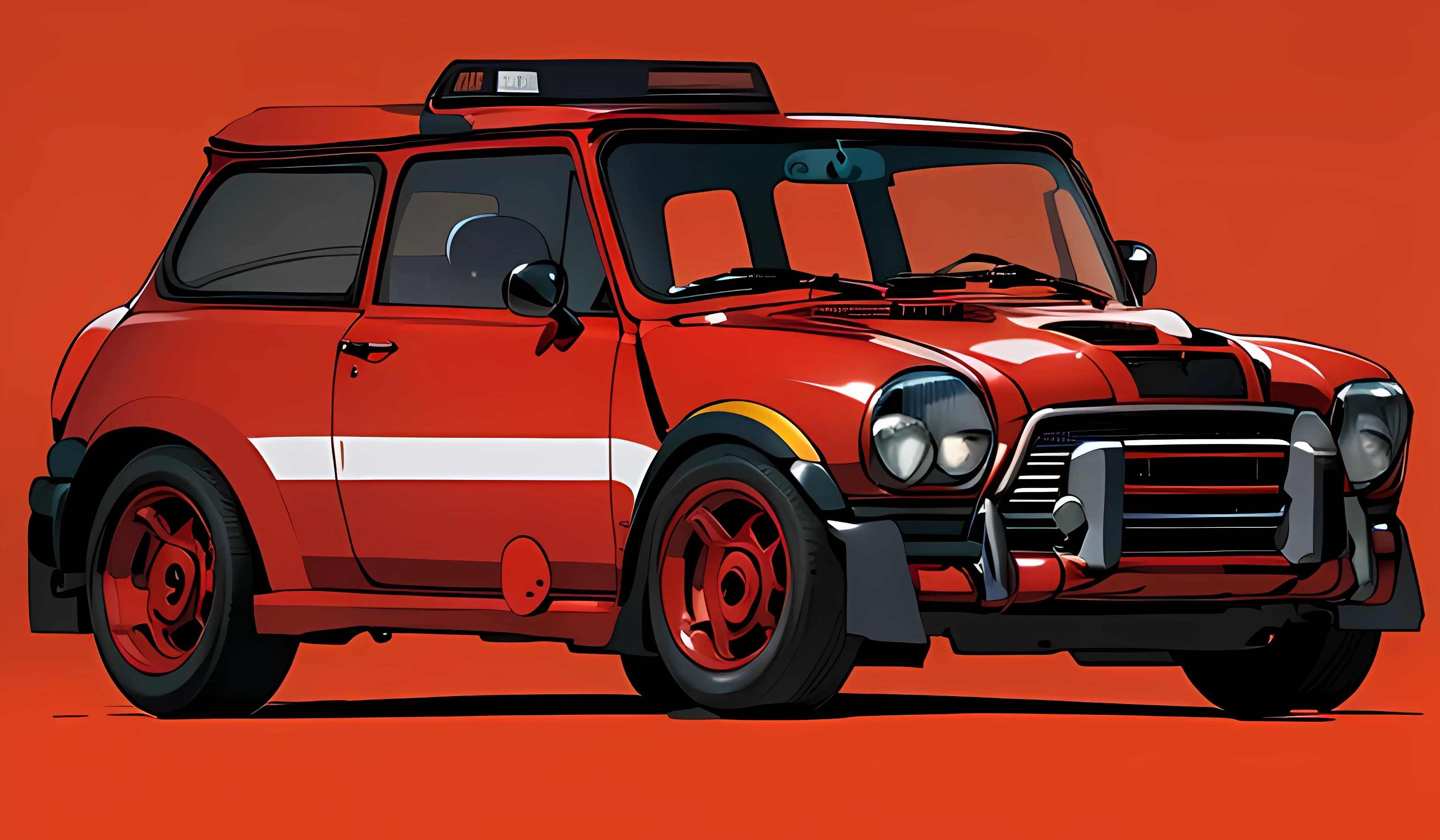 ((Best Quality)), ((masterpiece)), Highly detailed, 8K, From Side, matte red boxy mini-cooper, matte red painted, bright arizona desert background with clear sky, plain mesa background, cel-shaded, line art, bold outlines, comic style, inkpunk, bright noon lighting