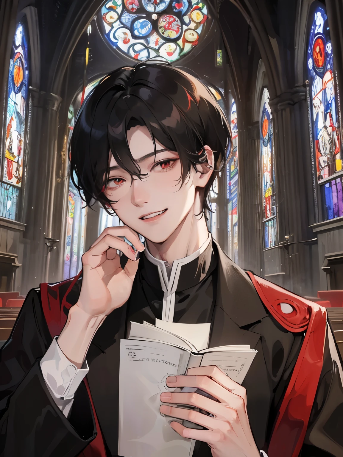 handsome man、one man、Black hair red eyes、slanted eyes、Poor eye appearance、father、Church's、detailed face、center division、double teeth、pray、Man with short hair、Handsome guy、Praying in Church、Pale stained glass、grin