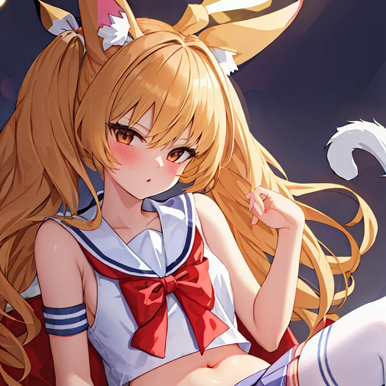 (masterpiece, best quality:1.2),illustration,8k,HD,1 girl,alone,animal_ears,Cat_ears,bow,long_hair,hair_bow,white_hair,Bangs,Moderate_breast,Black_bow,ribbon,direction,Double tail,animal_ear_fluff,Red_Eye,hair bow,navel,white thighhighs,sleeveless tops,sailor collar,mini skirt,arm ribbon,