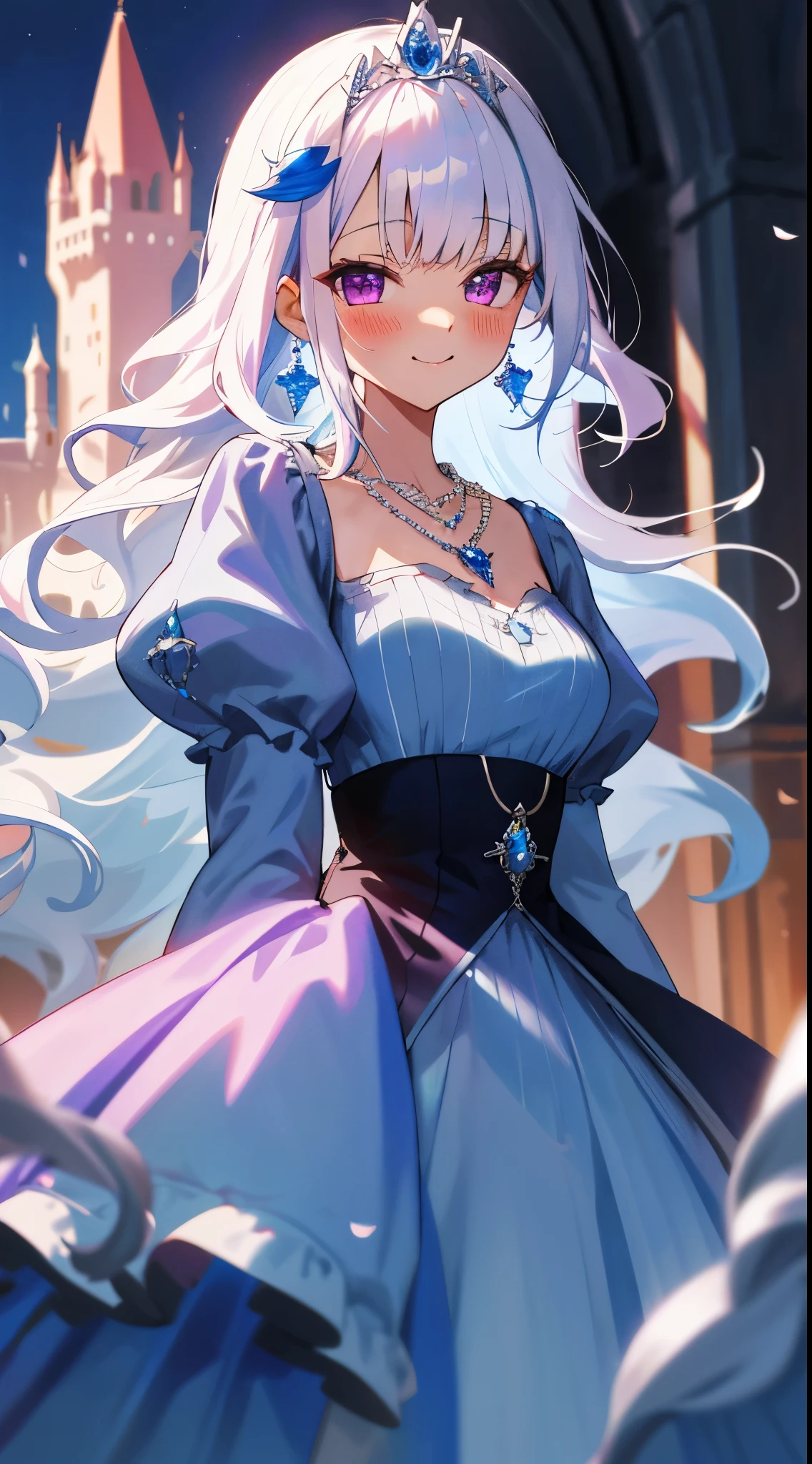 One girl with long wavy hair, bangs, white hair, blue inner hair:1.5) , purple eyes, looking at viewer, blushing, light smile, blue dress, puffy sleeves, tiara, earrings, dating, standing, necklace, castle, dizzy, mid-chest, night atmosphere, hair ornament, medium breasts, upper body, focus, blurry background