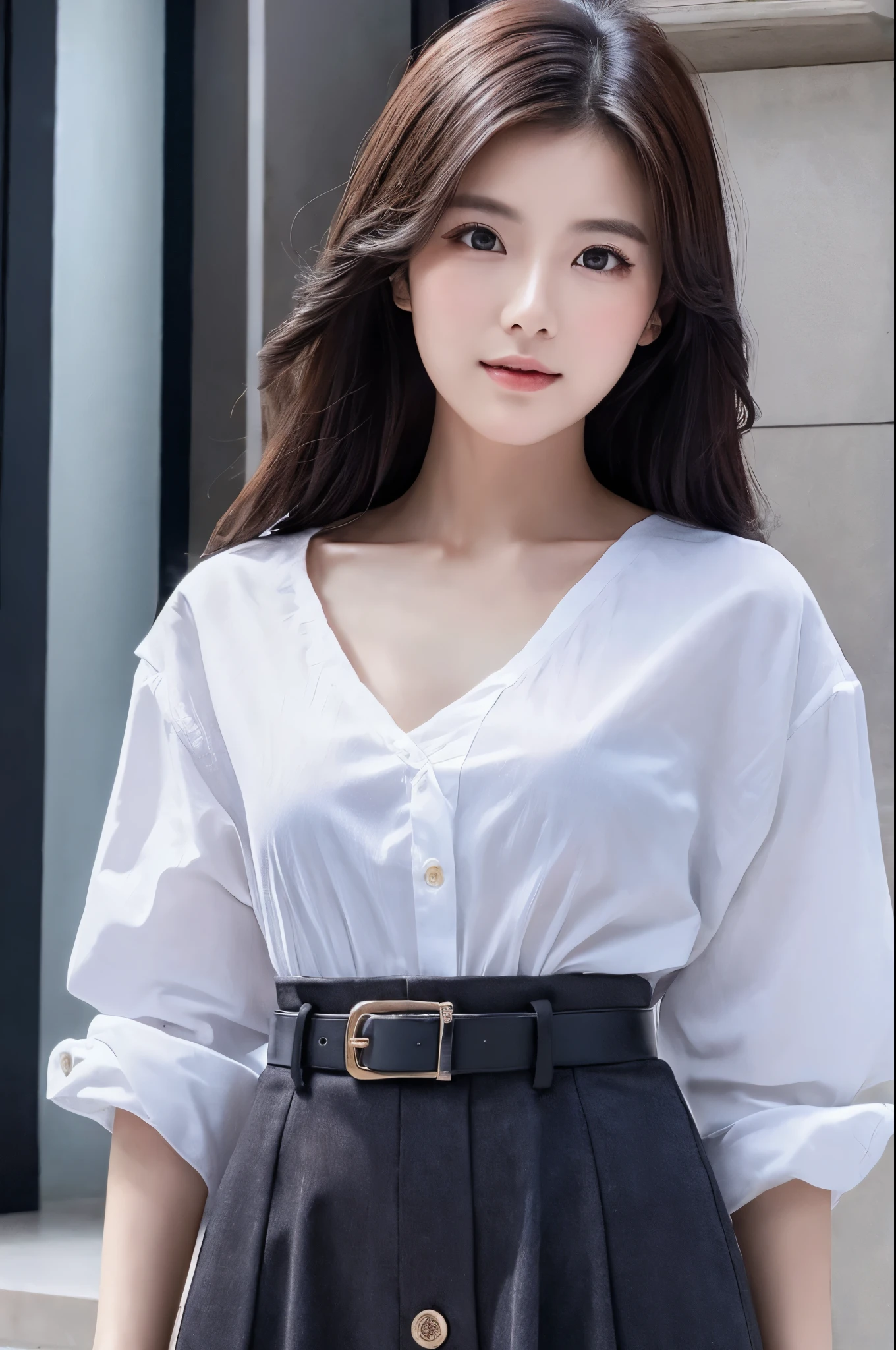 (Best quality, High resolution, Masterpiece :1.3), A Japanese lady, cute face, Slender abs, Dark brown hair styled in loose waves, Small breasts, Very thin waist, Wearing pendant, White button up shirt, Belt, Black skirt, (Modern architecture in background), Details exquisitely rendered in the face and skin texture, Detailed eyes, Double eyelid