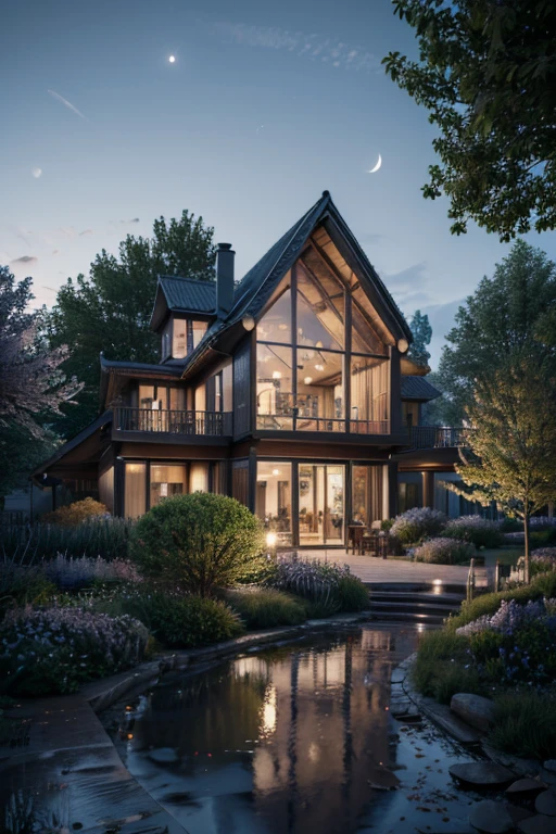 masterpiece, best quality, high quality, extremely detailed CG 8k wallpaper unit, scenery, outdoor, establishment, medieval tavern, autumn sky, autumn dusk, autumn-winter, overcast sky, big moon shining, award-winning photography, Depth of Field, HDR, flowers, water fountain, hydrangea, Photorealistic, extremely detailed, intricate, high detail, dramatic, art in the middle of the journey,  trend in artstation, trend in CGsociety, chromatic aberration.
