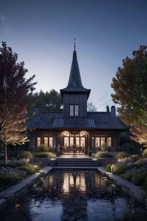 masterpiece, best quality, high quality, extremely detailed CG 8k wallpaper unit, scenery, outdoor, establishment, medieval tavern, autumn sky, autumn dusk, autumn-winter, overcast sky, big moon shining, award-winning photography, Depth of Field, HDR, flowers, water fountain, hydrangea, Photorealistic, extremely detailed, intricate, high detail, dramatic, art in the middle of the journey, trend in artstation, trend in CGsociety, chromatic aberration.
