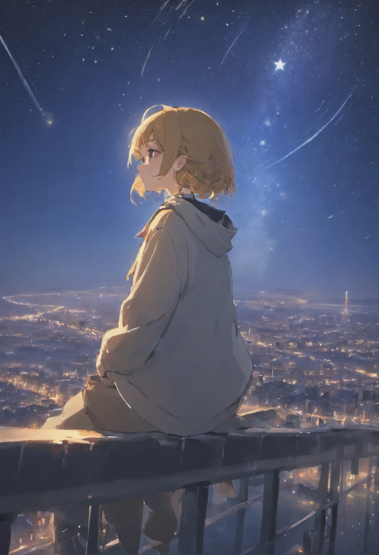 (Masterpiece, highest quality: 1.4), Girl standing with an umbrella, Rain and Umbrella, Sky, Stars (Sky), Landscape, Starry Sky, Night, Night, Outdoors, Buildings, Clouds, Milky Way, Movie Scene. A city at night with falling powder snow. A gentle time. Spectacular landscape of space and starry sky, planets and moon. Back view, soft expression. Wrapped in the soft winter breeze, it is magical and beautiful. over time. Exaggerated identity. Powerful yet gentle. Angle looking up at the earth super delicate, 8K 4K modern animation Perfect composition, octane, sky, stars (sky), scenery, starry sky, night, one girl, night sky, alone, outdoors, buildings, clouds, milky way, sitting , long hair, - style of a beautiful sky scene with stars and planets, space sky. por makoto shinkai, anime art wallpaper 4k, anime art wallpaper 4k, anime art wallpaper 8k, 4k anime wallpaper, anime wallpaper 4k, 4k anime wallpaper, anime sky, amazing wallpaper on paper, anime background, heavenly planets in the background, anime background art,