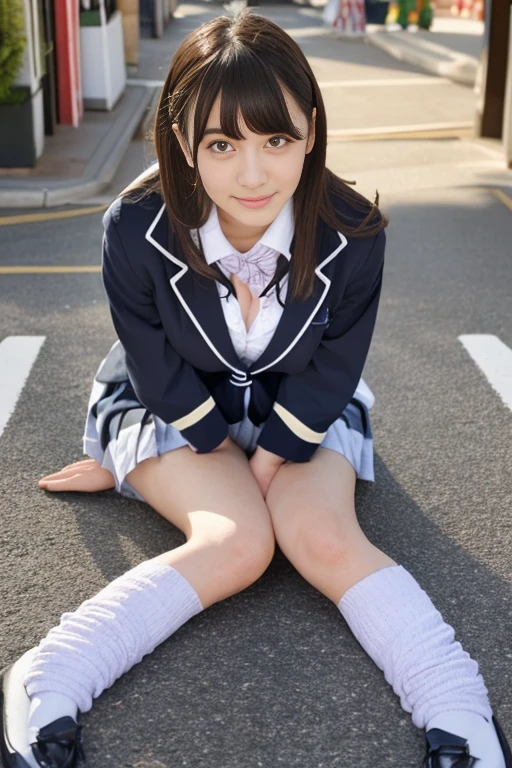 Representative works, highest quality,(10 year old cute Japanese woman:1.5),(Detailed young face:1.9),(very shy look:1.3),(thin legs:1.9),(Relax in the downtown area:1.8),(high school girl uniform:1.8),(droopy eyes:1.9),(big breasts:1.9),(smooth straight hair:1.5),(Whole body slender,thin legs),head band,very white skin,disappoint one'bangs,details body,fine hands,heavy makeup、blondeロング、blonde、big breastsの谷間が見える、超big breasts、とてもbig breasts、huge 、big breasts、I can see the nipples、Open your legs to show your pants