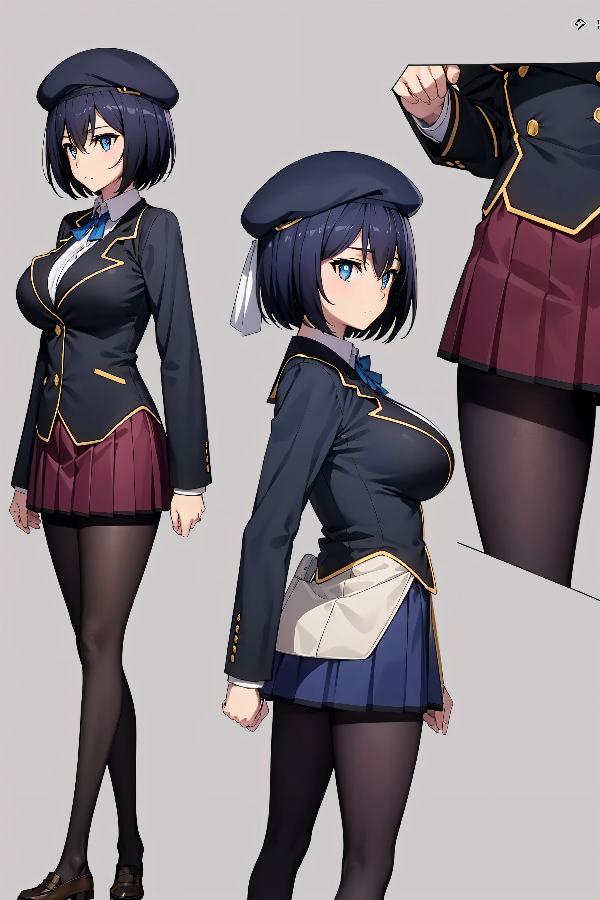 sakurada,large breast,
BREAK (beret, blue headwear, blue jacket, blue vest, hat, jacket, pantyhose, ribbon, school uniform, skirt, vest, youtou high school uniform:1.2),
BREAK (multiple views:1.5),from behind,from_front,(blue background:1.3),(full body:1.4),arms at sides
BREAK beach
BREAK (masterpiece:1.2), best quality, high resolution, unity 8k wallpaper, (illustration:0.8), (beautiful detailed eyes:1.6), extremely detailed face, perfect lighting, extremely detailed CG, (perfect hands, perfect anatomy),