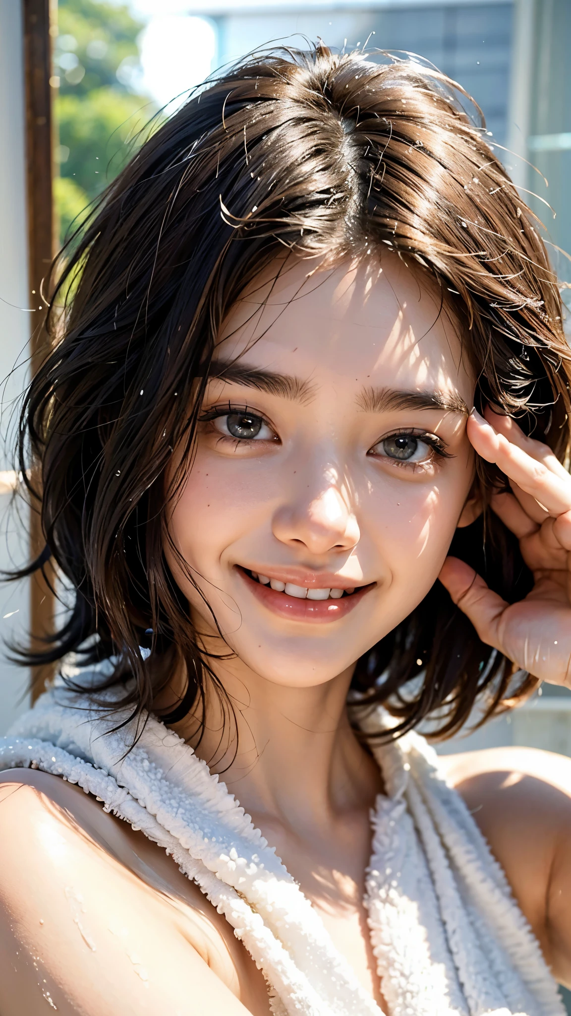 highest quality, masterpiece, ultra high resolution, (realistic:1.5), (close portrait) RAW photo, 1 girl, 22 years ago,super close up of face,Face in the mirror,super close-up photo,((The face is also wet)),((just out of the bath)),((With bath towels)),((wet hair)),facial moisturizing cream,Are you okay, beautiful skin,transparent skin,(smile),((smile showing teeth))masterpiece, realistic pictures, japanese pictures, saturation, contrast, short hair