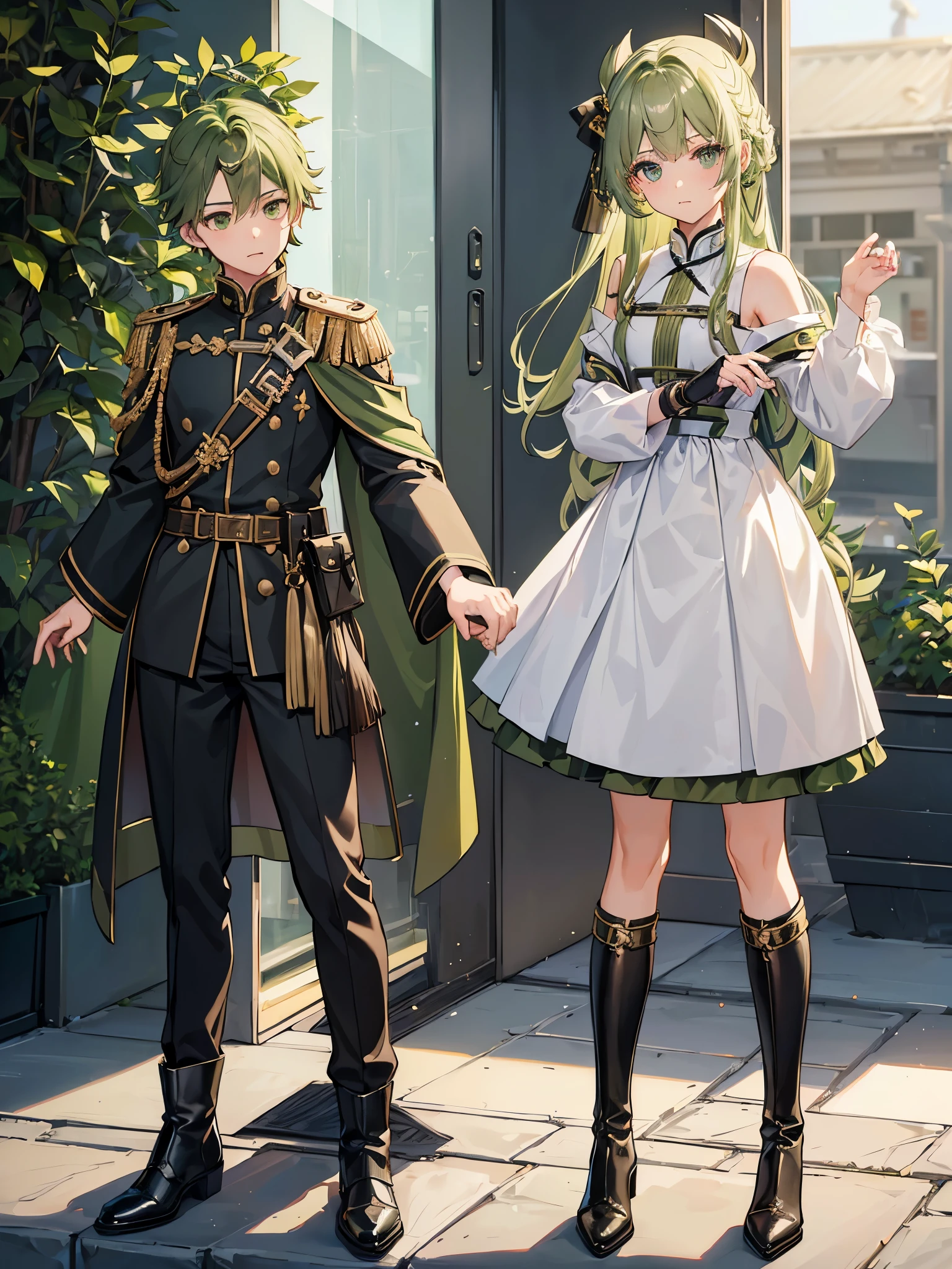 ((a boy)), iridescent hair, olive green eyes, ((male idol)), ((crossdressing)), long boots, ((美少男)), 军服外套, ((单人)), ((English style dress))