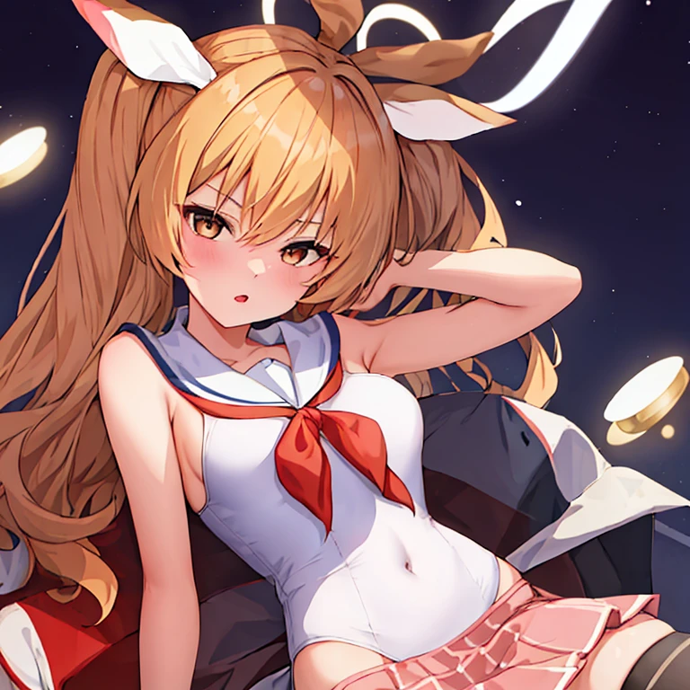 (masterpiece, best quality:1.2),illustration,8k,HD,1 girl,alone,animal_ears,Cat_ears,bow,long_hair,hair_bow,white_hair,Bangs,Moderate_breast,Black_bow,ribbon,direction,Double tail,animal_ear_fluff,Red_Eye,hair bow,navel,white thighhighs,sleeveless tops,sailor collar,mini skirt,arm ribbon,