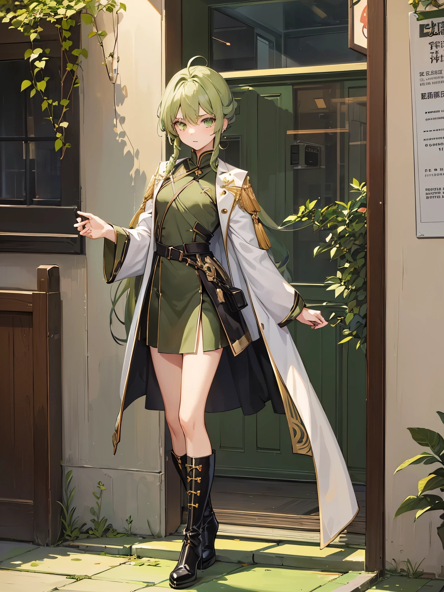 ((a boy)), iridescent hair, olive green eyes, ((male idol)), ((crossdressing)), long boots, ((美少男)), 军服外套, ((单人)), ((English style dress))