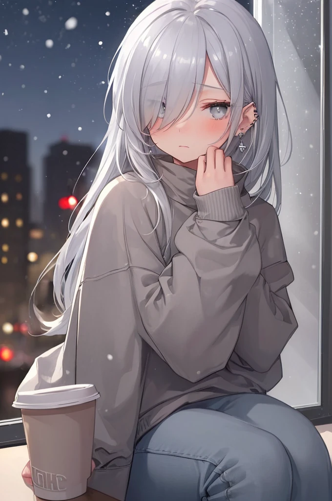 ((masterpiece:1.4, best quality:1.2)), 1girl, solo focus, beautiful skin, blush, grey sweatshirt, long white hair, grey eyes, sitting, earrings, Hands piercing, coffee shop window, night, snowing, cityscape, tall female, beautiful and delicate female, comfy ambience, {detailed background}, hair over one eye, shy, female genitalia