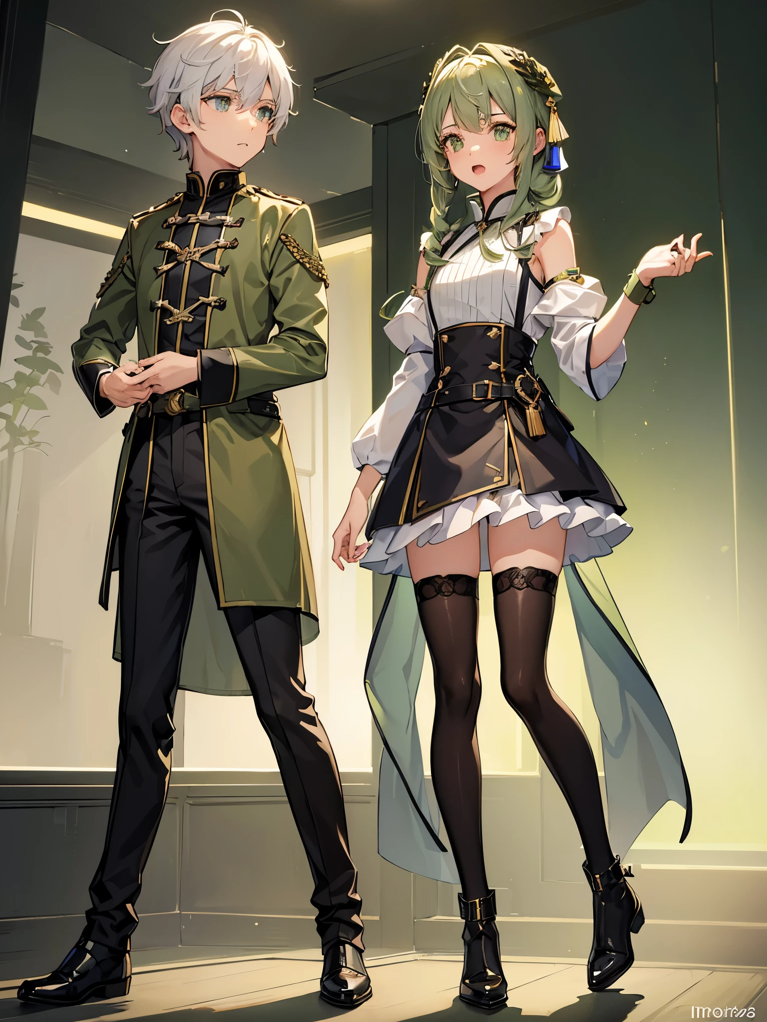 ((a boy)), iridescent hair, olive green eyes, ((male idol)), ((crossdressing)), long boots, ((美少男)), 军服外套, ((单人)), ((English style dress))