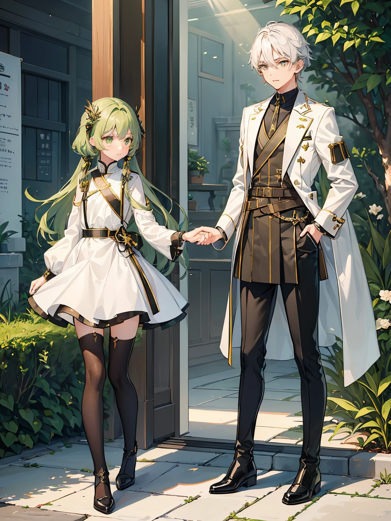 ((a boy)), iridescent hair, olive green eyes, ((male idol)), ((crossdressing)), long boots, ((美少男)), 军服外套, ((单人)), ((English style dress))