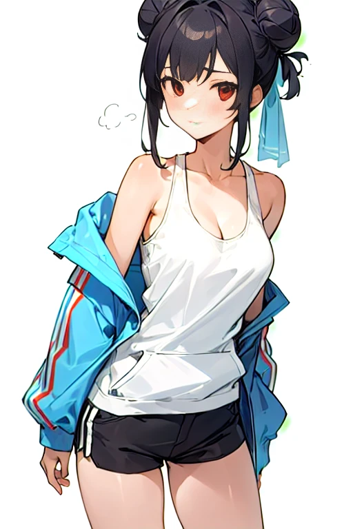 (((masterpiece))), red eyes, 1 girl, alone, looking at the viewer, Bun hair on the back of the head, black hair, long sleeve, cleavage, medium breasts, closed mouth, clavicle, Jacket, white tank top, open hoodie, black Hoodie, shorts,Expressionless,Two-dimensional beautiful girl,anime beautiful girl