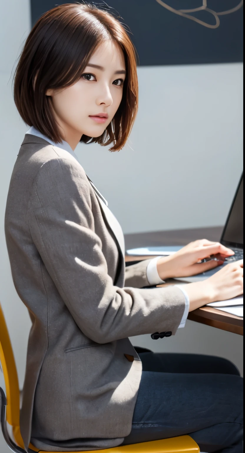 Photorealistic beautiful female student、18-year-old、amazingly beautiful、extremely fine transparency、beautiful body、(highest quality、8K、32K、masterpiece、nffsw:1.3)、ultra high resolution,(Photoreal:1.4),RAW photo, detailed face,,beautiful hair, ((Doctor Style)), ,very short hair 、very short hair、amazingly beautiful二重まぶた、beautiful nipples、 natural makeup,, small perfect breasts, wet hair、detailed background, perfect lighting, Depth of written boundary, beautiful shadow gradation、thin limbs、thin thighs、(whole body)、((suit、Jacket))、((inside the office、table and chairs、coffee、Control your laptop))、Beautiful and slim perfect body、beautiful high nose、side view