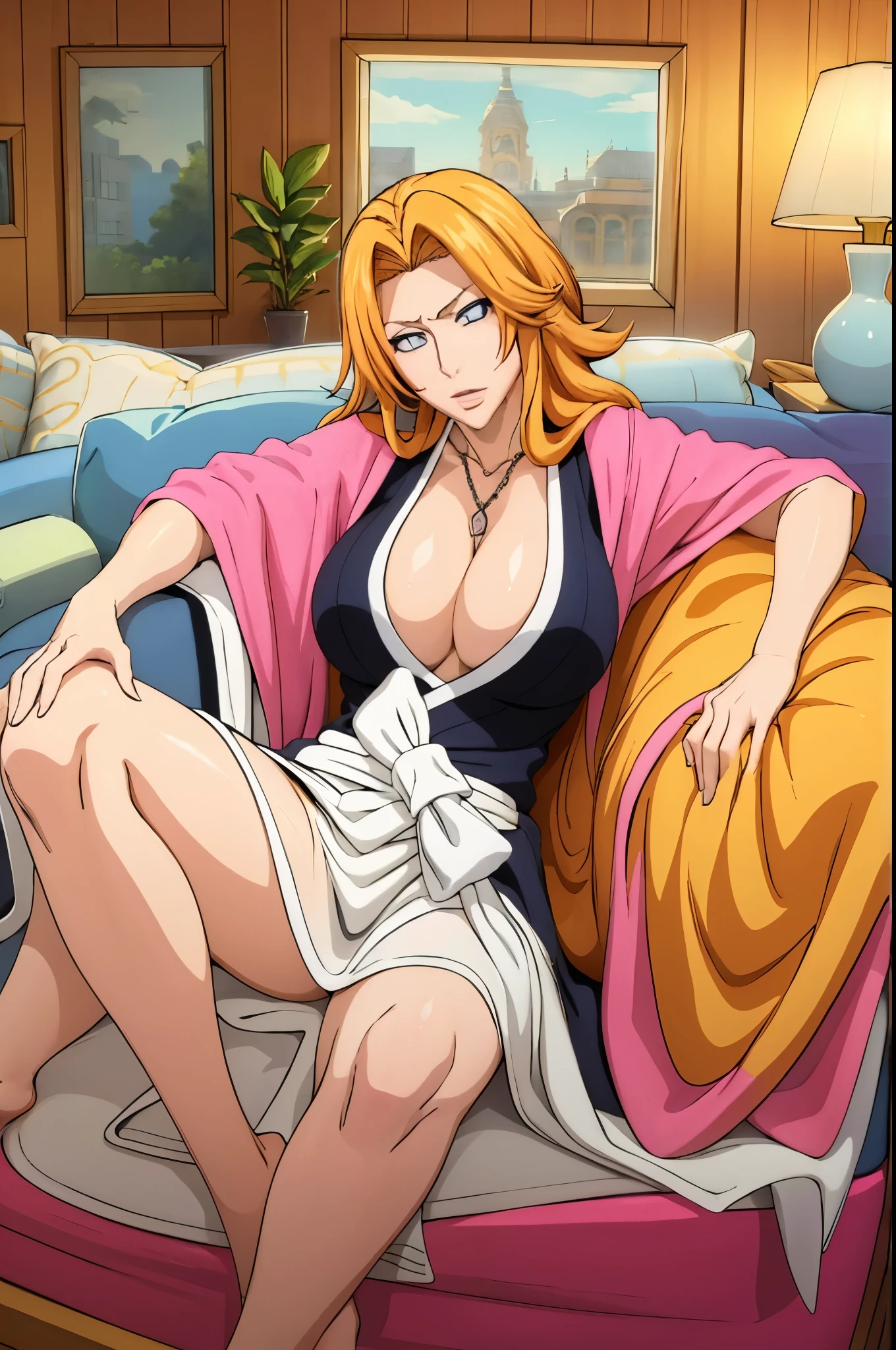 (Front_face), Simple White Background, Matsumoto Rangiku,  rangiku matsumoto, long hair, (blue eyes:1.5), orange hair, mole, mole under mouth, parted bangs,
green dress,collarbone, cleavage,
blue eyes, blonde hair,bangs,Long_hair,single braid, 
(Beautiful,large_Breasts:1.4), (beautiful_face:1.5),(narrow_waist),